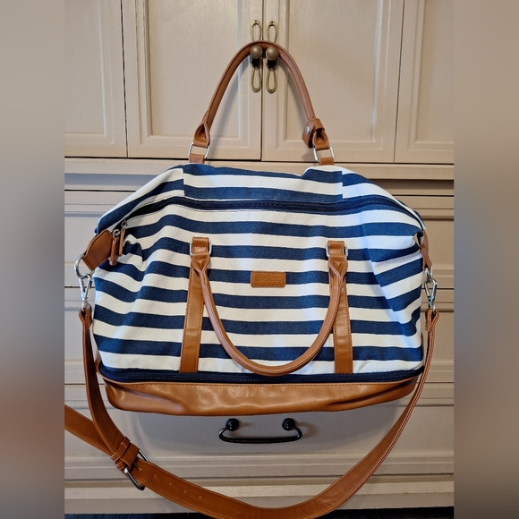 Lovevook Handbags - Lovevook Striped Blue and White Weekender Bag with Tan Accents